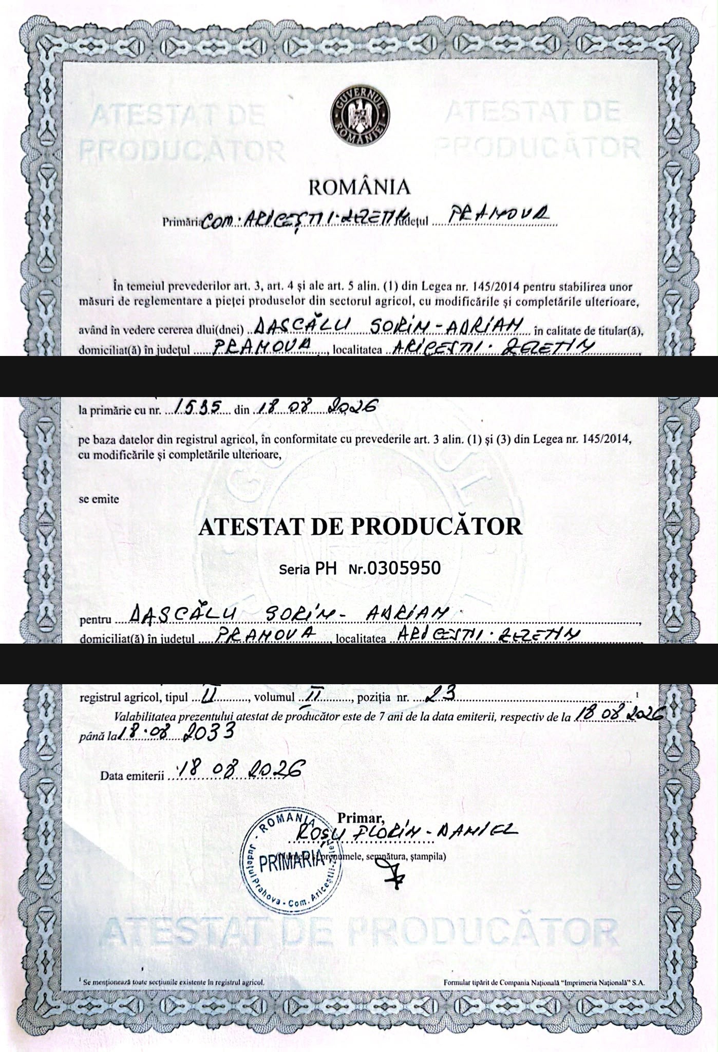 Atestat de Producător — Seria PH Nr. 0305950, Primăria Aricești-Zeletin, jud. Prahova