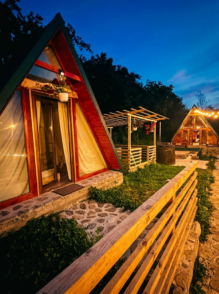 Cabane A-frame la asfințit, cu lumini calde