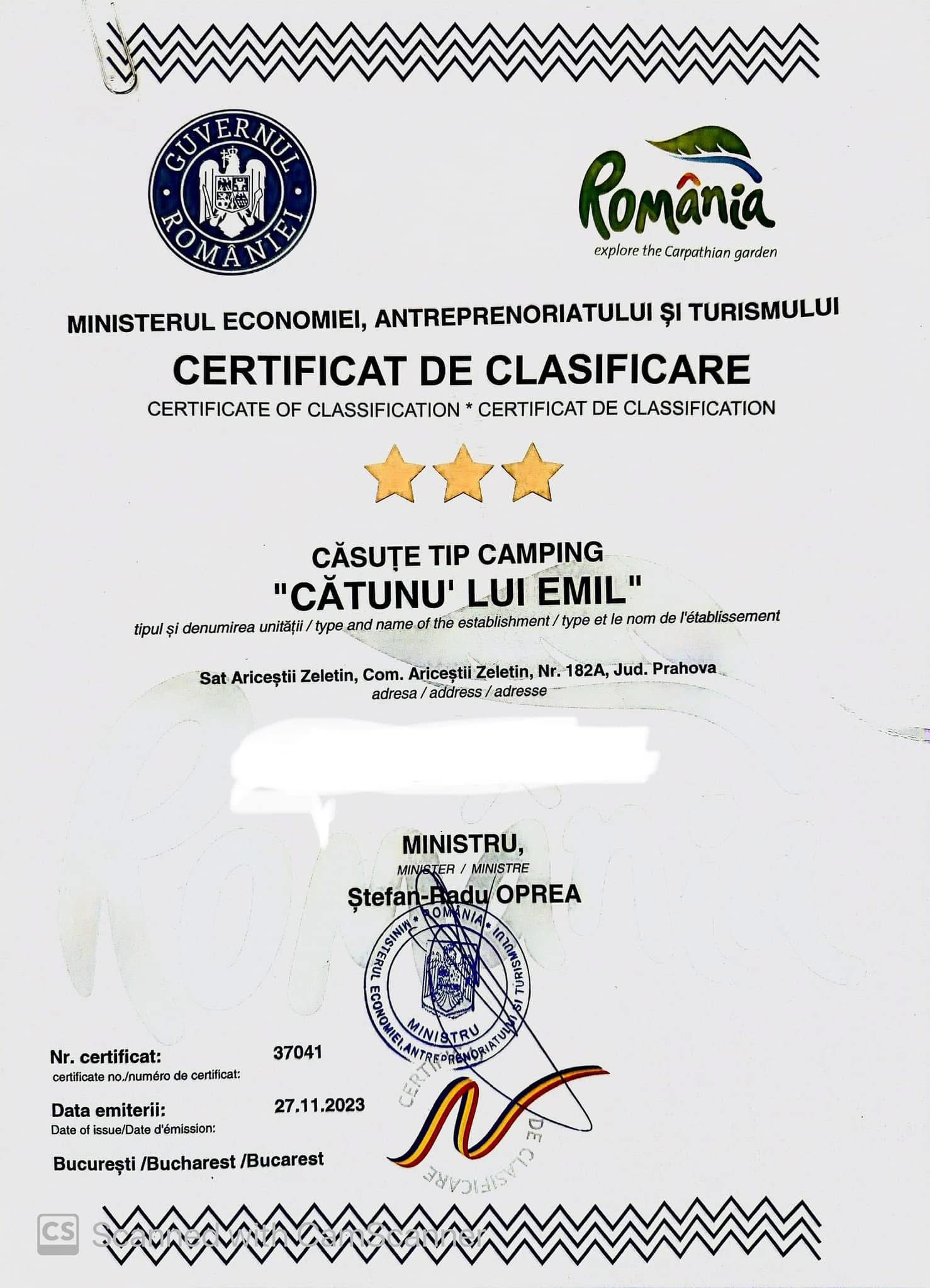 Certificat de Clasificare — 3 stele, Căsuțe tip camping Cătunu' Lui Emil, eliberat de Ministerul Economiei, Antreprenoriatului și Turismului