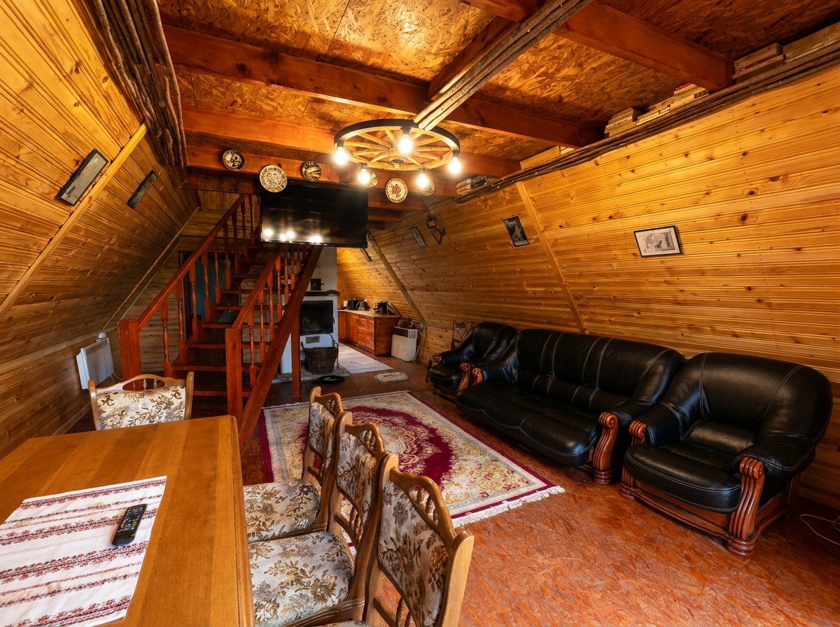 Interior loft — living cu canapele, șemineu de lemn și mobilier rustic