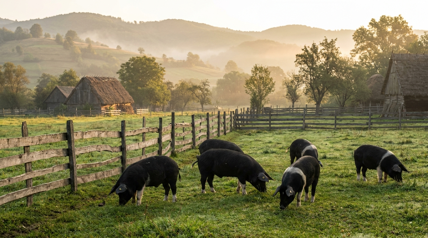 Porci de Bazna pe pășune tradițională în Transilvania